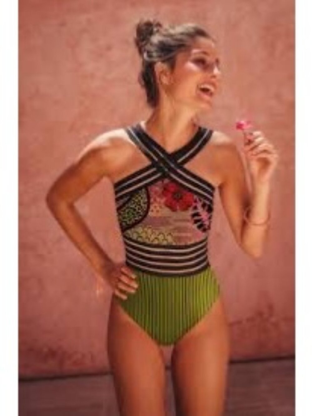 Averie Narelle One Piece Striped & Floral Crossover Summer Swimsuit